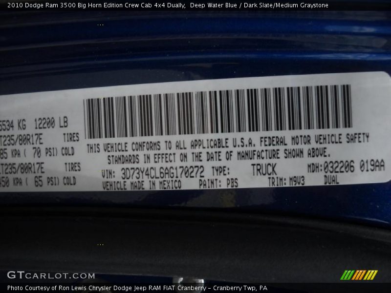 Deep Water Blue / Dark Slate/Medium Graystone 2010 Dodge Ram 3500 Big Horn Edition Crew Cab 4x4 Dually