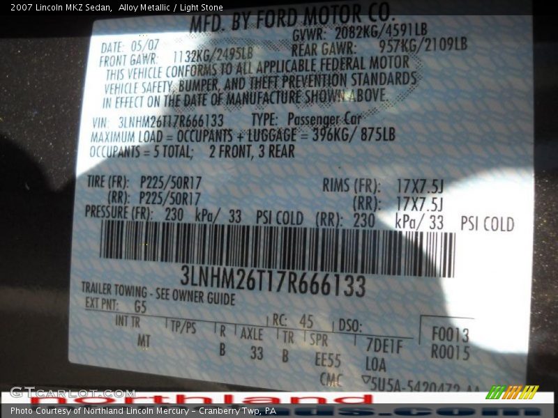Alloy Metallic / Light Stone 2007 Lincoln MKZ Sedan
