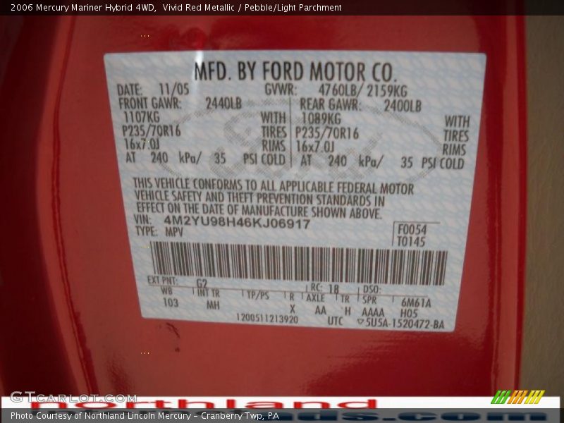 Vivid Red Metallic / Pebble/Light Parchment 2006 Mercury Mariner Hybrid 4WD
