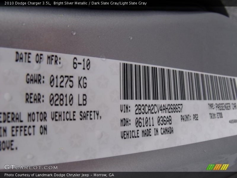 Bright Silver Metallic / Dark Slate Gray/Light Slate Gray 2010 Dodge Charger 3.5L
