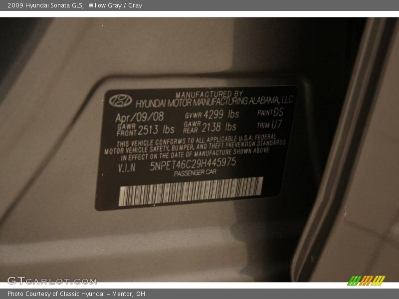 Willow Gray / Gray 2009 Hyundai Sonata GLS
