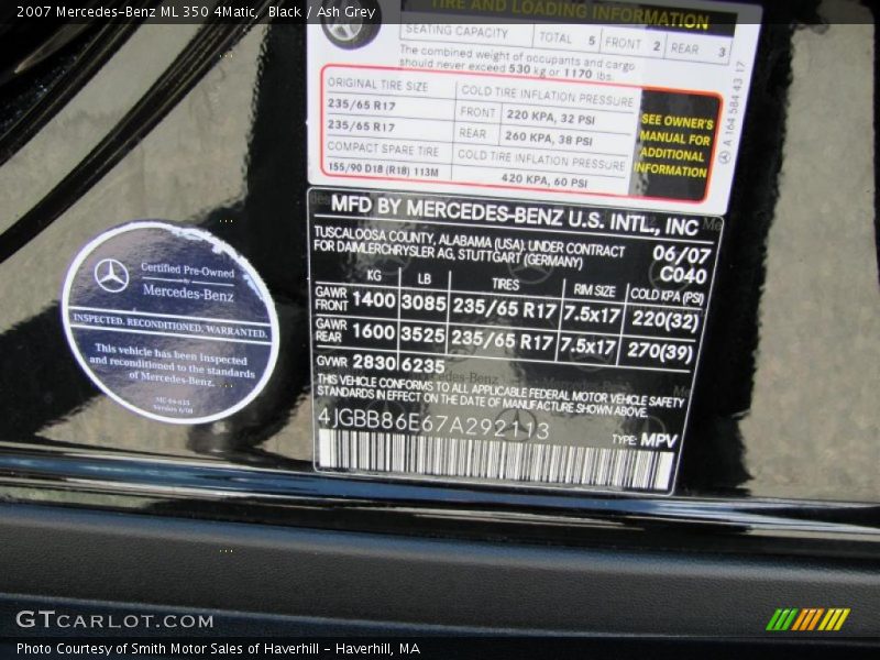 Black / Ash Grey 2007 Mercedes-Benz ML 350 4Matic