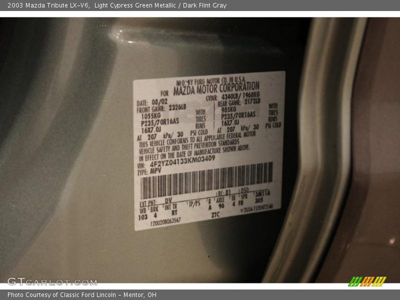 Light Cypress Green Metallic / Dark Flint Gray 2003 Mazda Tribute LX-V6