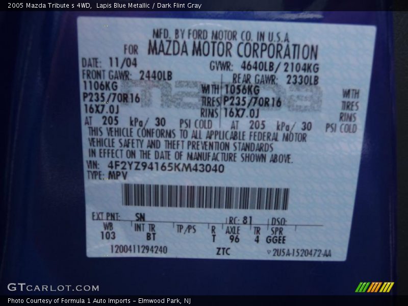 Lapis Blue Metallic / Dark Flint Gray 2005 Mazda Tribute s 4WD