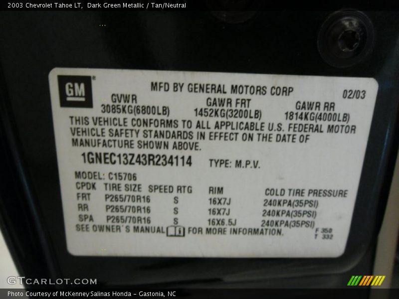 Dark Green Metallic / Tan/Neutral 2003 Chevrolet Tahoe LT