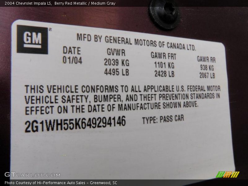 Berry Red Metallic / Medium Gray 2004 Chevrolet Impala LS