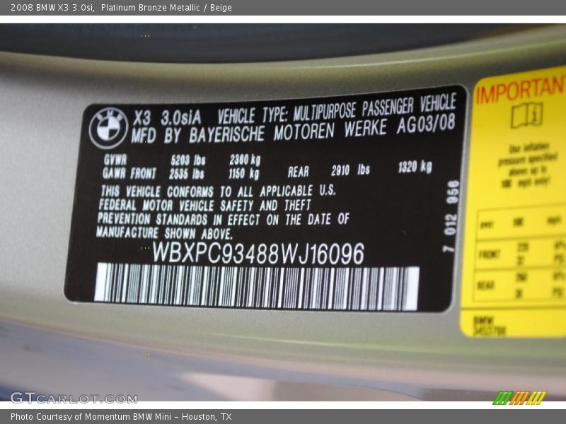 Platinum Bronze Metallic / Beige 2008 BMW X3 3.0si