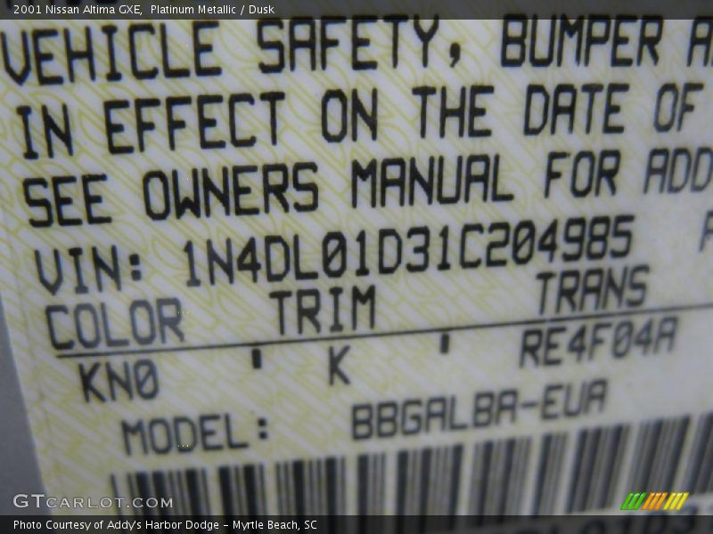 Platinum Metallic / Dusk 2001 Nissan Altima GXE