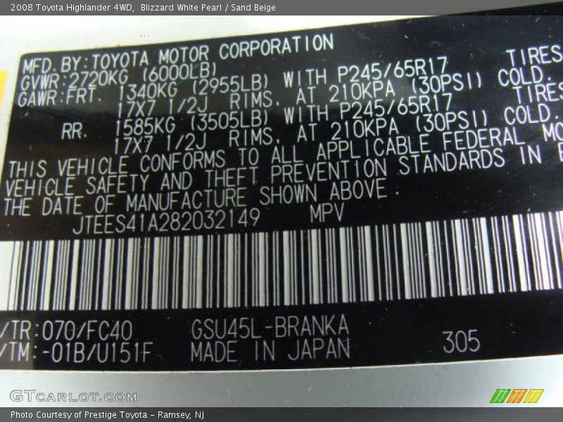 Blizzard White Pearl / Sand Beige 2008 Toyota Highlander 4WD