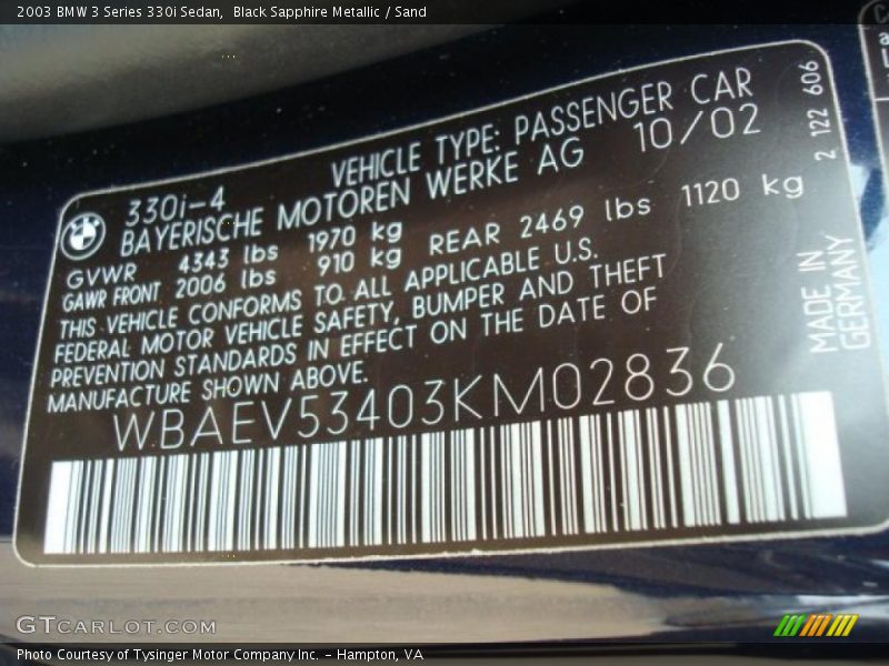 Black Sapphire Metallic / Sand 2003 BMW 3 Series 330i Sedan