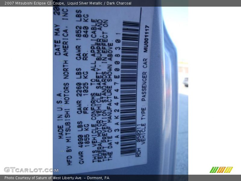 Liquid Silver Metallic / Dark Charcoal 2007 Mitsubishi Eclipse GS Coupe