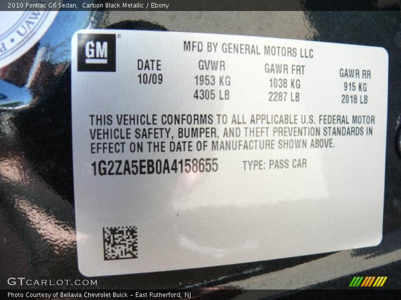 Carbon Black Metallic / Ebony 2010 Pontiac G6 Sedan
