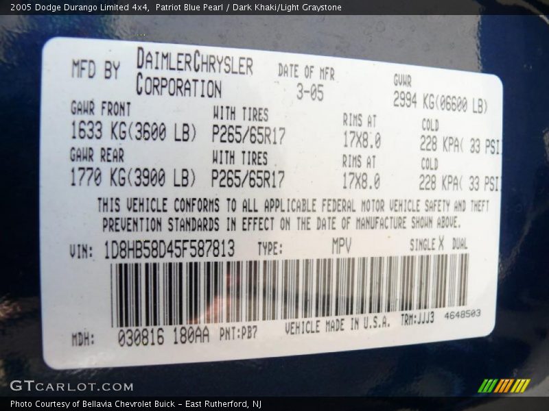 Patriot Blue Pearl / Dark Khaki/Light Graystone 2005 Dodge Durango Limited 4x4