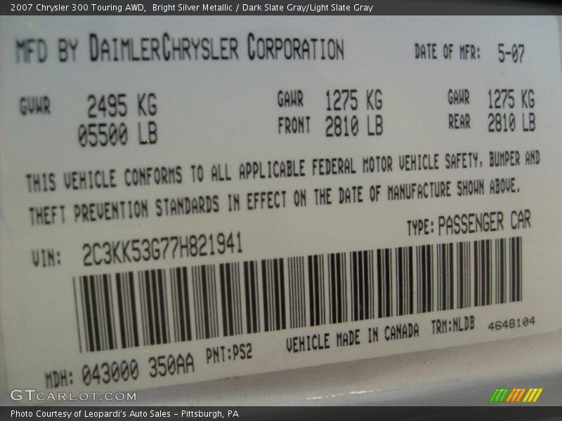 Bright Silver Metallic / Dark Slate Gray/Light Slate Gray 2007 Chrysler 300 Touring AWD