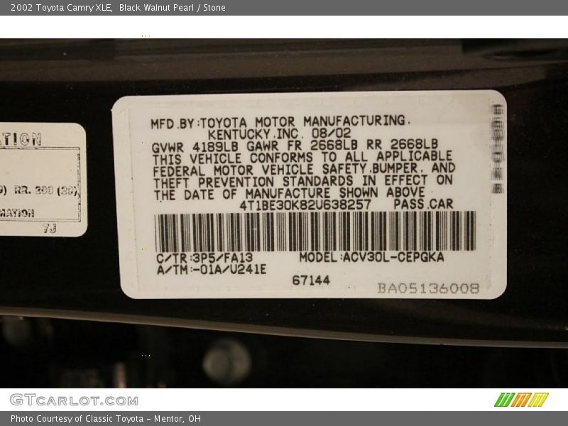 Black Walnut Pearl / Stone 2002 Toyota Camry XLE