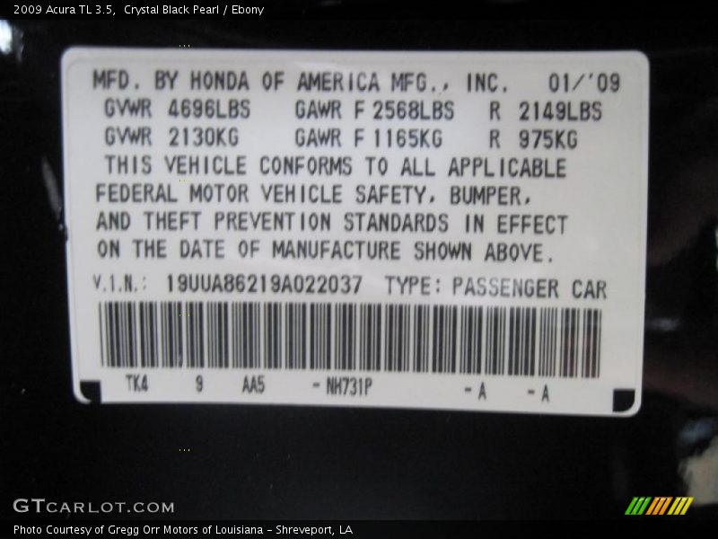 Crystal Black Pearl / Ebony 2009 Acura TL 3.5