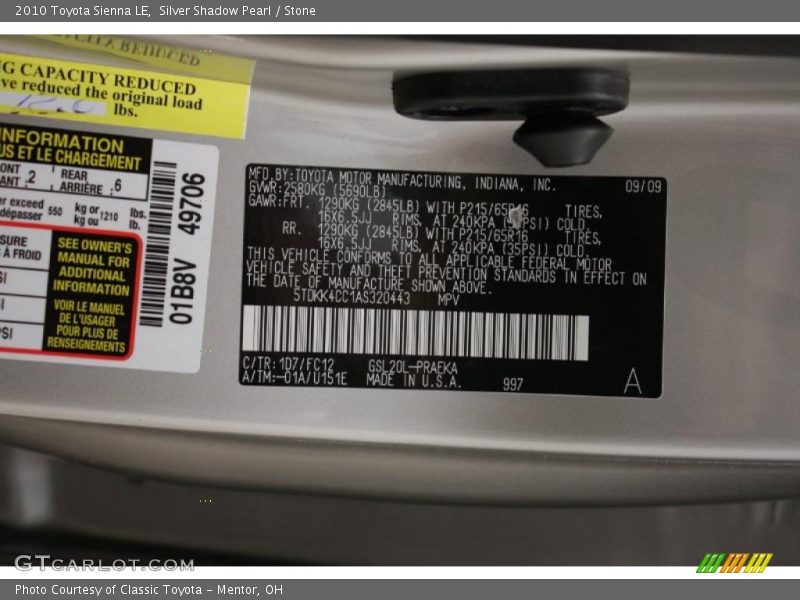 Silver Shadow Pearl / Stone 2010 Toyota Sienna LE