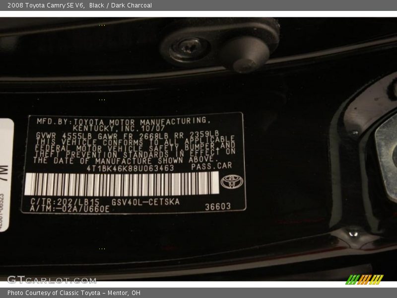 Black / Dark Charcoal 2008 Toyota Camry SE V6