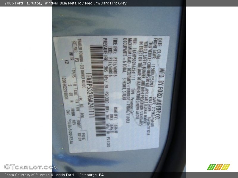Windveil Blue Metallic / Medium/Dark Flint Grey 2006 Ford Taurus SE