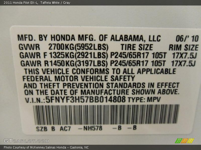 Taffeta White / Gray 2011 Honda Pilot EX-L