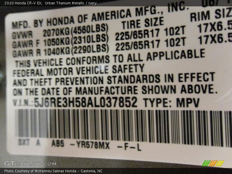 Urban Titanium Metallic / Ivory 2010 Honda CR-V EX