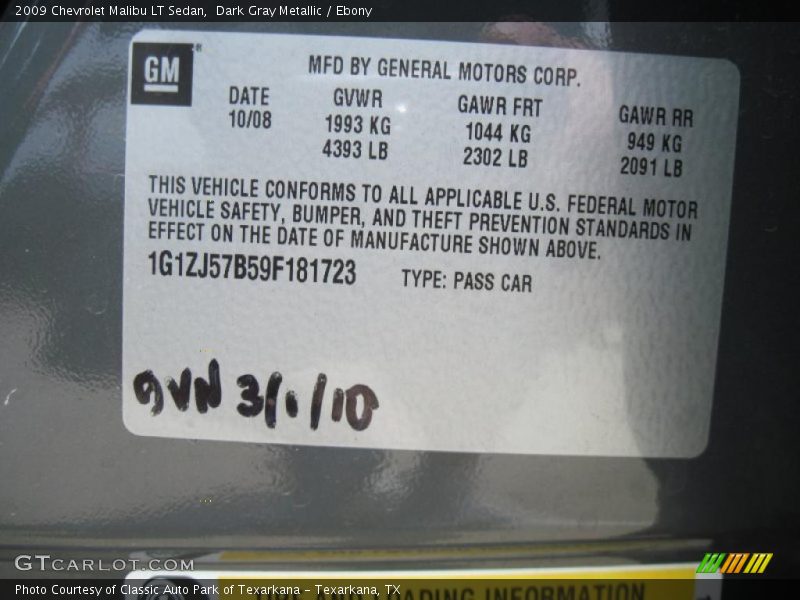 Dark Gray Metallic / Ebony 2009 Chevrolet Malibu LT Sedan