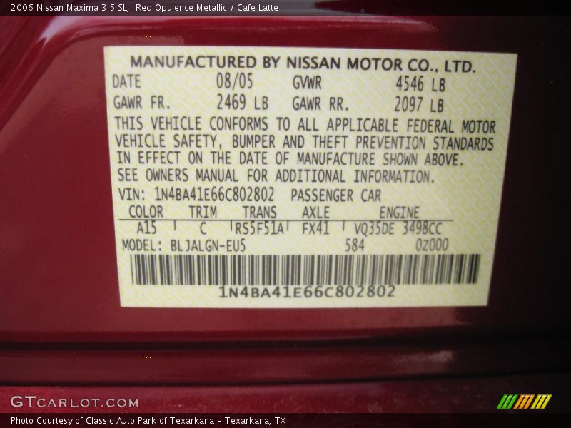 Red Opulence Metallic / Cafe Latte 2006 Nissan Maxima 3.5 SL