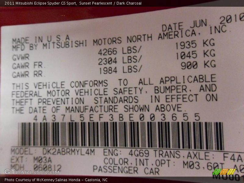 Sunset Pearlescent / Dark Charcoal 2011 Mitsubishi Eclipse Spyder GS Sport