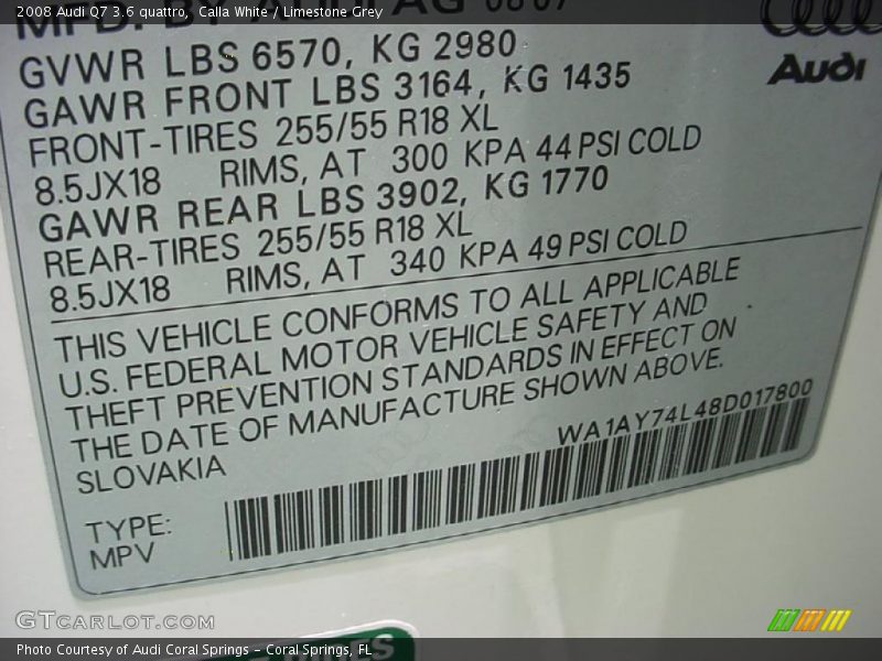 Calla White / Limestone Grey 2008 Audi Q7 3.6 quattro
