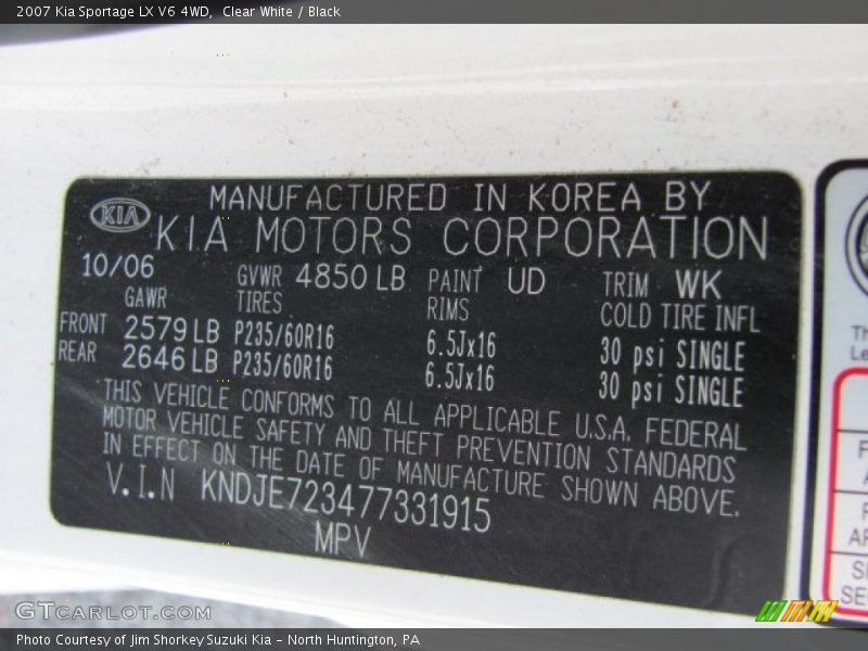 Clear White / Black 2007 Kia Sportage LX V6 4WD