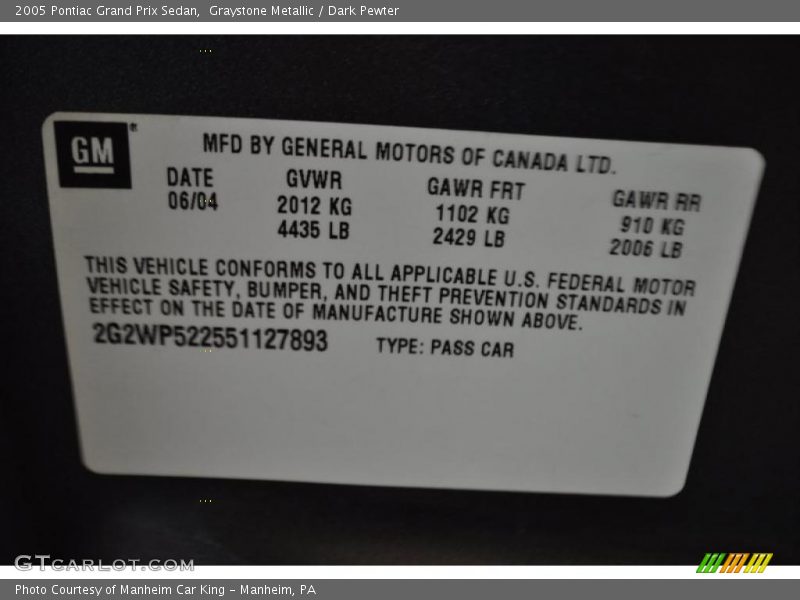 Graystone Metallic / Dark Pewter 2005 Pontiac Grand Prix Sedan