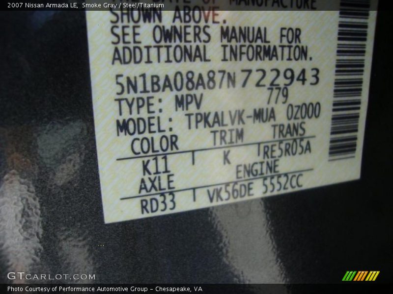 Smoke Gray / Steel/Titanium 2007 Nissan Armada LE