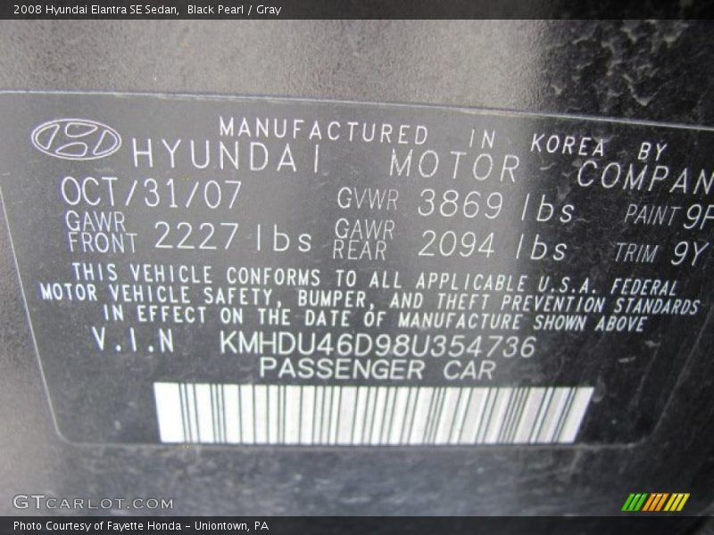 Black Pearl / Gray 2008 Hyundai Elantra SE Sedan