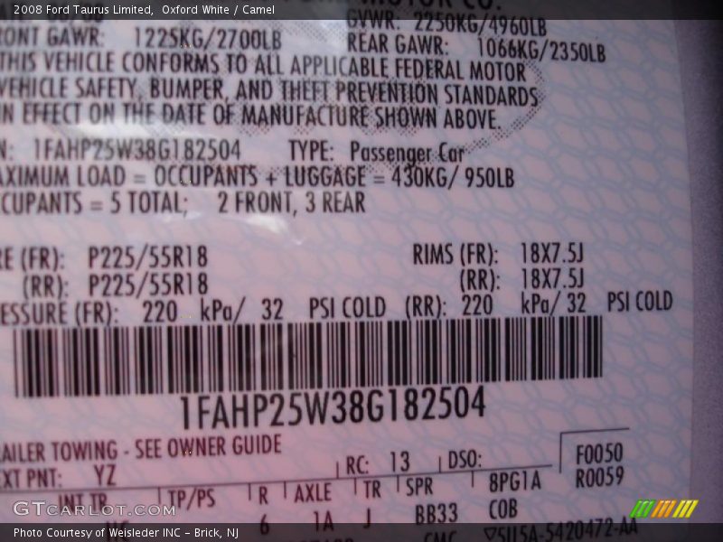 Oxford White / Camel 2008 Ford Taurus Limited