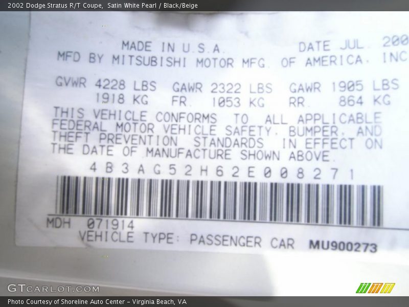 Satin White Pearl / Black/Beige 2002 Dodge Stratus R/T Coupe