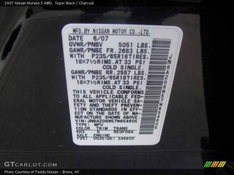 Super Black / Charcoal 2007 Nissan Murano S AWD