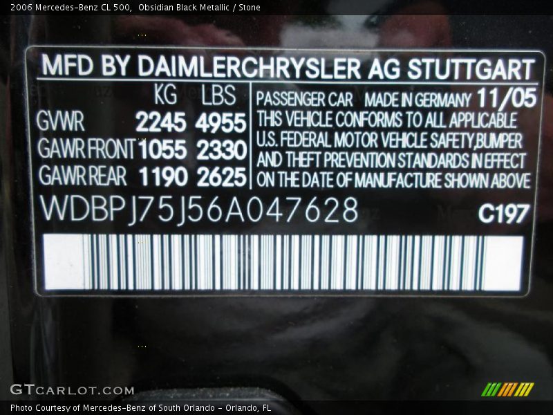 Obsidian Black Metallic / Stone 2006 Mercedes-Benz CL 500