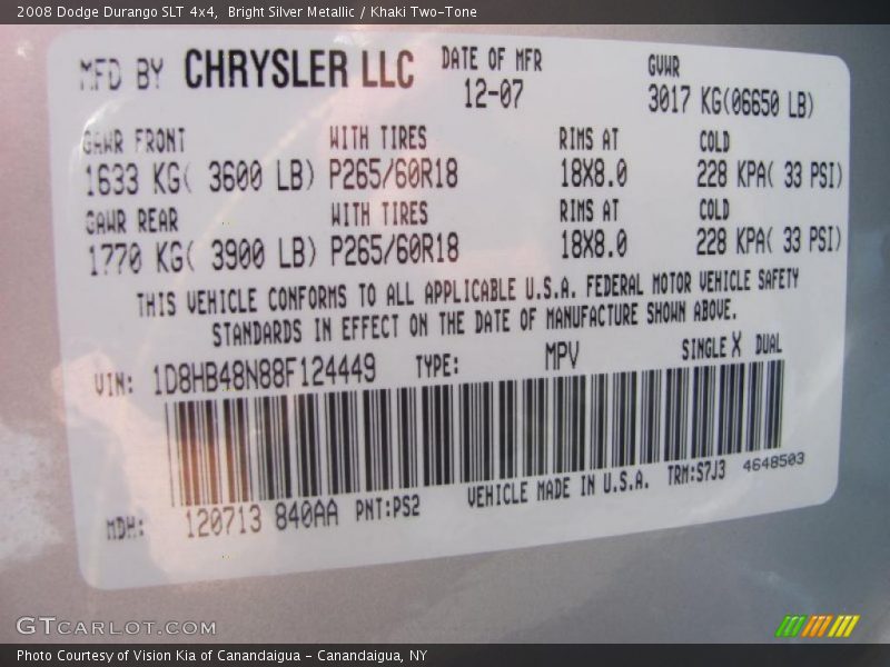 Bright Silver Metallic / Khaki Two-Tone 2008 Dodge Durango SLT 4x4