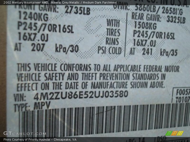 Mineral Grey Metallic / Medium Dark Parchment 2002 Mercury Mountaineer AWD
