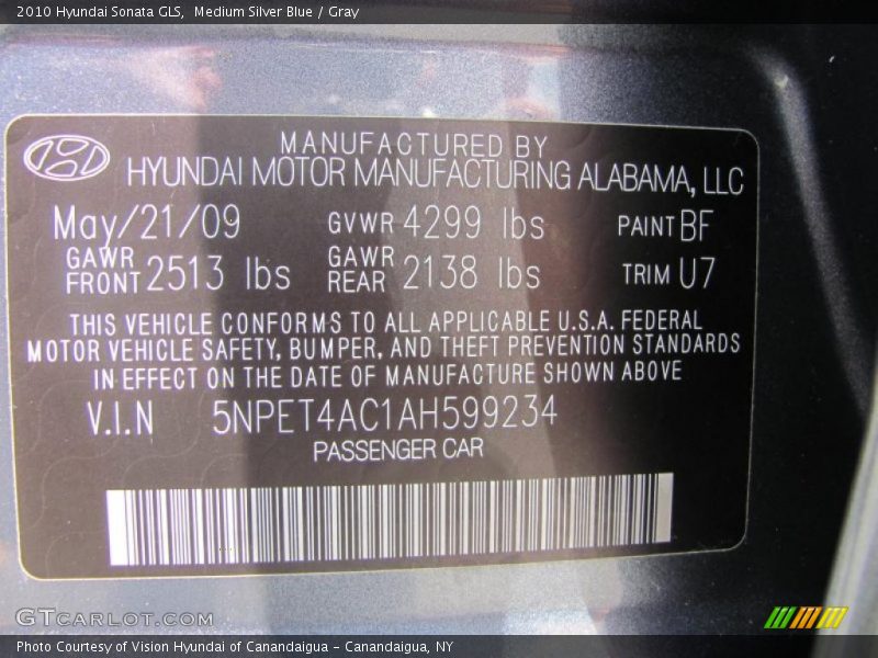 Medium Silver Blue / Gray 2010 Hyundai Sonata GLS