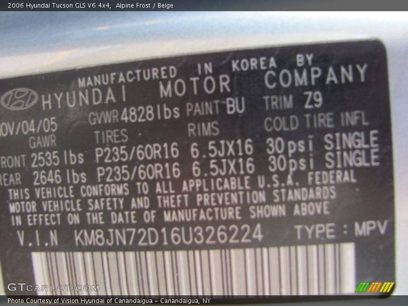 Alpine Frost / Beige 2006 Hyundai Tucson GLS V6 4x4