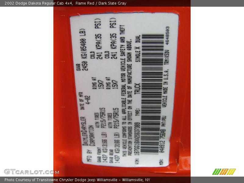 Flame Red / Dark Slate Gray 2002 Dodge Dakota Regular Cab 4x4