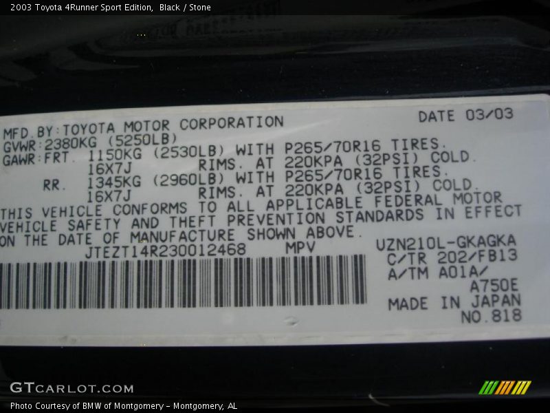 Black / Stone 2003 Toyota 4Runner Sport Edition