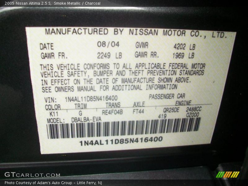 Smoke Metallic / Charcoal 2005 Nissan Altima 2.5 S