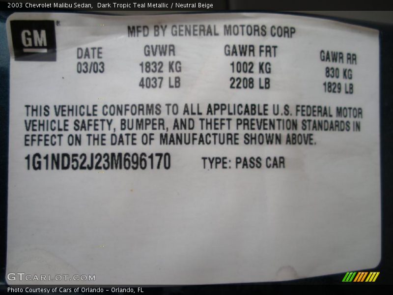 Dark Tropic Teal Metallic / Neutral Beige 2003 Chevrolet Malibu Sedan