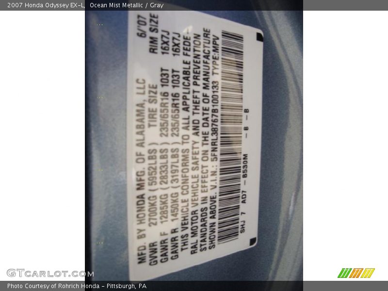 Ocean Mist Metallic / Gray 2007 Honda Odyssey EX-L