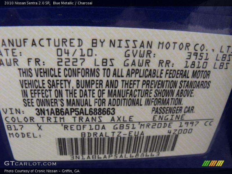 Blue Metallic / Charcoal 2010 Nissan Sentra 2.0 SR