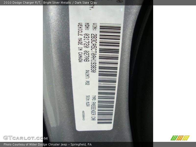 Bright Silver Metallic / Dark Slate Gray 2010 Dodge Charger R/T