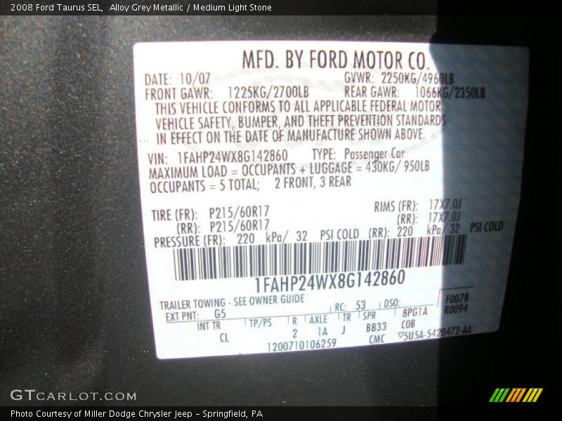 Alloy Grey Metallic / Medium Light Stone 2008 Ford Taurus SEL