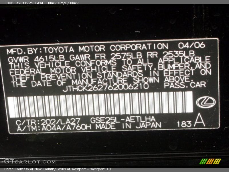 Black Onyx / Black 2006 Lexus IS 250 AWD